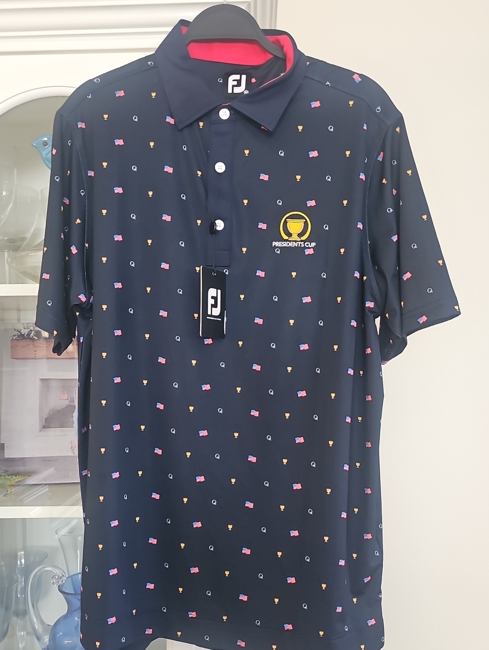 FootJoy Navy Presidents Cup Embroidered Polo with Yellow Trophy American Flag